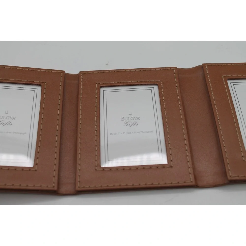Bulova Triple Folding Photo Album Travel Picture Frame Leather Brown Snap Close